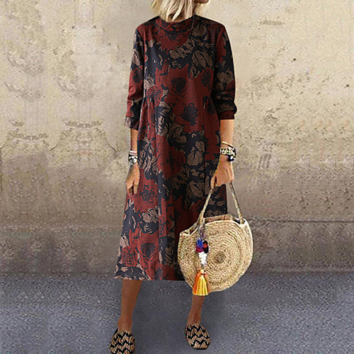 

Women's Swing Dress Maxi long Dress Wine Long Sleeve Print Print Fall Round Neck Vintage 2021 M L XL XXL