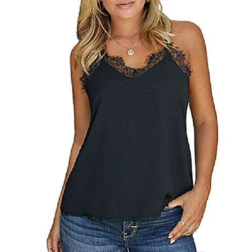 

womens sexy v neck lace spaghetti strap cami tank top summer flowy camisole sleeveless shirts black x-large