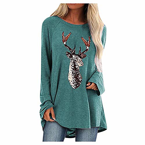 

women long sleeve tunic blouse women's casual plus size sequin elk round neck loose tunic t shirt blouse tops blue