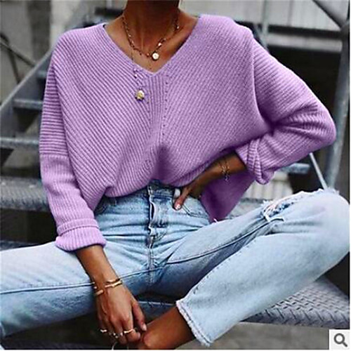 

Women's Stylish Knitted Solid Color Pullover Long Sleeve Sweater Cardigans V Neck Fall Winter Black Blue Purple
