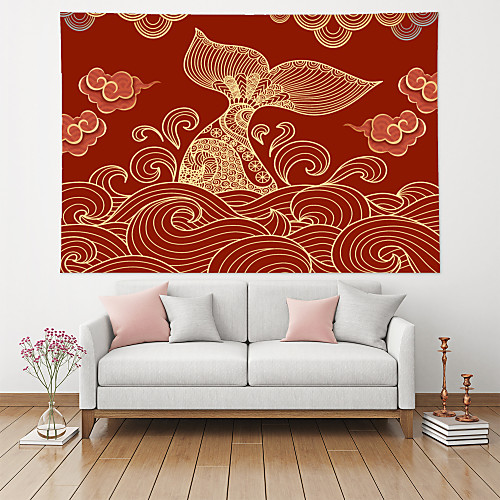

Chinese Style Wall Tapestry Art Decor Blanket Curtain Hanging Home Bedroom Living Room Decoration Polyester Golden Carp Tail Sea Wave