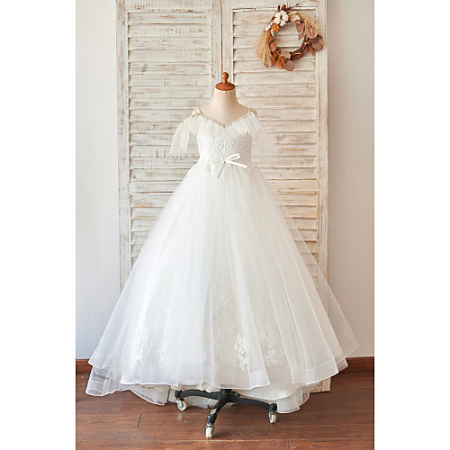 

Princess / Ball Gown Floor Length Wedding / Birthday Flower Girl Dresses - Lace / Tulle Sleeveless V Neck with Bow(s) / Beading / Appliques