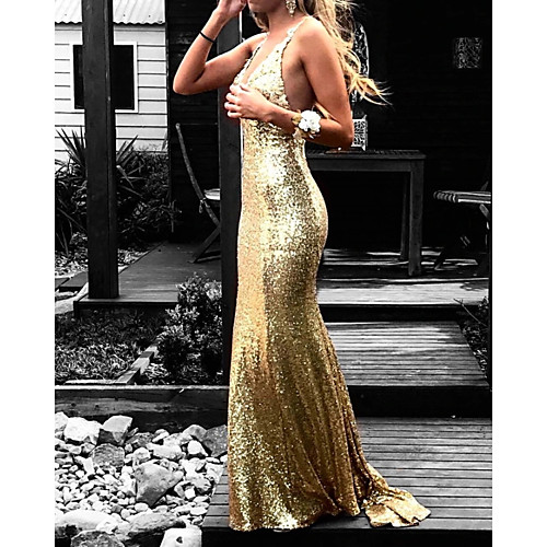 

Mermaid / Trumpet Beautiful Back Sexy Wedding Guest Formal Evening Dress V Neck Sleeveless Sweep / Brush Train Sequined with Pleats Sequin 2021
