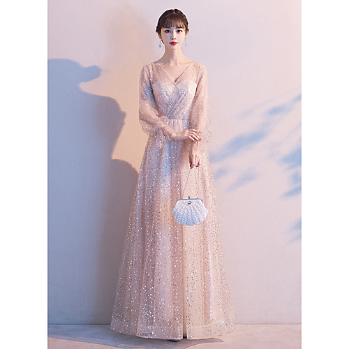 

A-Line Sparkle Elegant Prom Formal Evening Dress V Neck Long Sleeve Floor Length Lace Satin with Sequin 2021