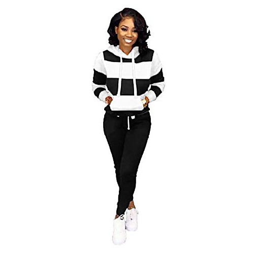 

women 2 pieces stripe tracksuit set sweatshirt sportsuit hoodies top and jogger pants sportwear set black