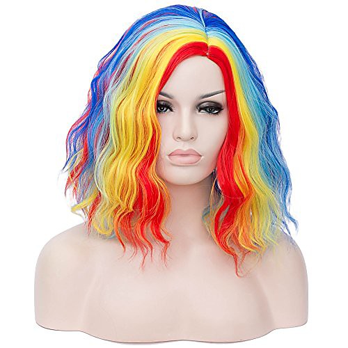 

anime cosplay holloween wig short bob ombre coloful curly deep wave afro wig for white black women rose network inside (red yellow blue colorful)