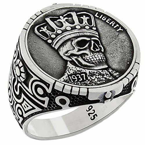 

solid 925 sterling silver skull crown liberty 1937 coin style gothic biker retro novelty ring for men (skull, 11.5)