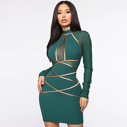 

Sheath / Column Sexy bodycon Homecoming Party Wear Dress High Neck Long Sleeve Short / Mini Spandex with Sleek 2021