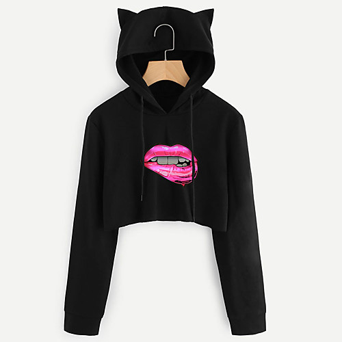 

Women's Cropped Hoddie Graphic Lip Print Crop Top Cat Ear Daily Basic Casual Hoodies Sweatshirts Black
