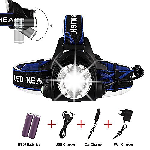 

led headlamp , 3000 lumen super bright headlight,zoomable 3 modes bright hands-free led headlights, waterproof led headlamp for camping, biking, 2 rechargeable 18650 batteries .