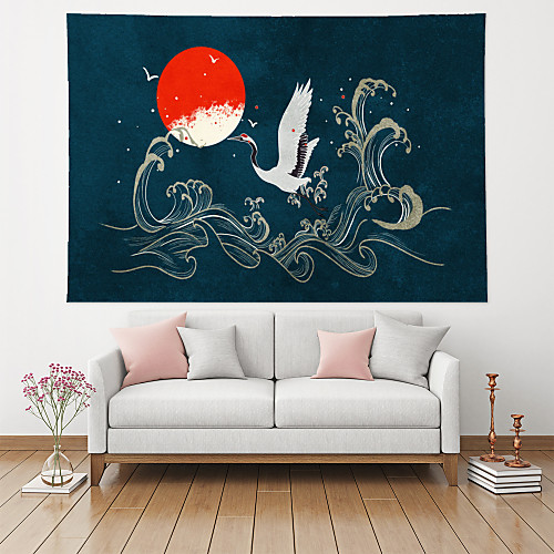 

Chinese Style Wall Tapestry Art Decor Blanket Curtain Hanging Home Bedroom Living Room Decoration Polyester Crane Sun Sea Wave Cloud