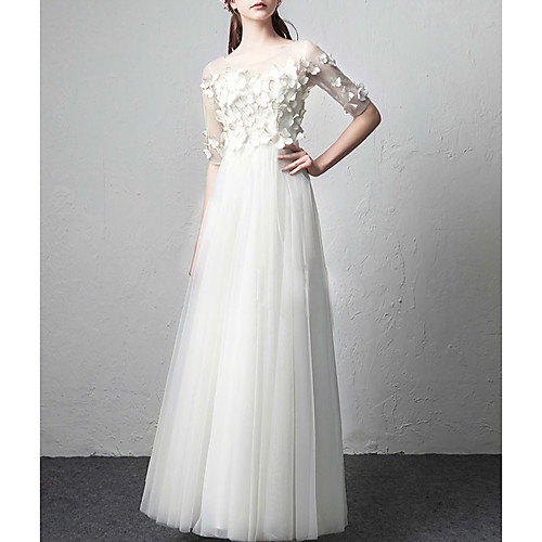 

A-Line Wedding Dresses Jewel Neck Floor Length Tulle Half Sleeve Romantic Casual with Pleats Appliques 2021