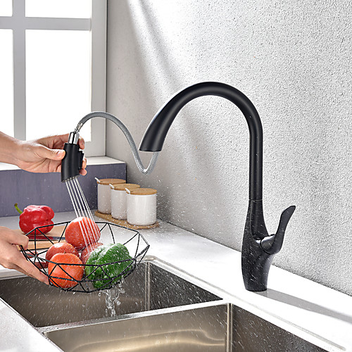 

Kitchen faucet - Black Color Deck Mounted Sink Mixer Tap Single Handle One Hole Electroplated Pull-out / Pull-down Centerset Contemporary Kitchen Taps with 2-function pull out sprayer