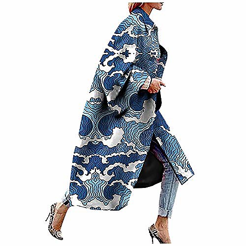 

women's long trench coat plus size fashion color block printed pocket oversized jacket outerwear cardigan overcoat s-5xl blue