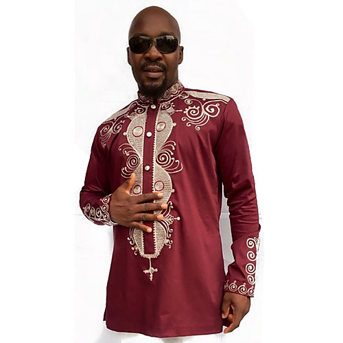 

men's african dashiki shirt - long sleeve tribal printed stand up collar shirts