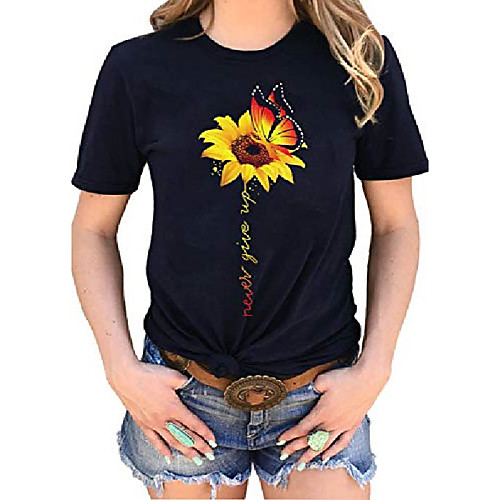 

women sunflower graphic t-shirts short sleeve never give up funny saying letter printed o-neck casual tops tees blouse (m, black)