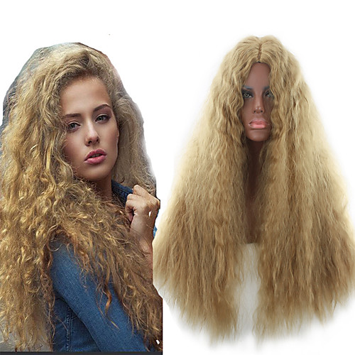 

Ladies Wig Golden Corn Perm Beard Small Curls Wave Water Ripple Long Hair Cover Long Middle Part Fluffy Wig