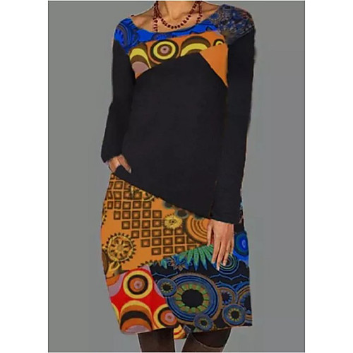 

Women's Shift Dress Knee Length Dress Red Yellow Light Blue Long Sleeve Print Patchwork Print Fall Round Neck Casual 2021 S M L XL XXL