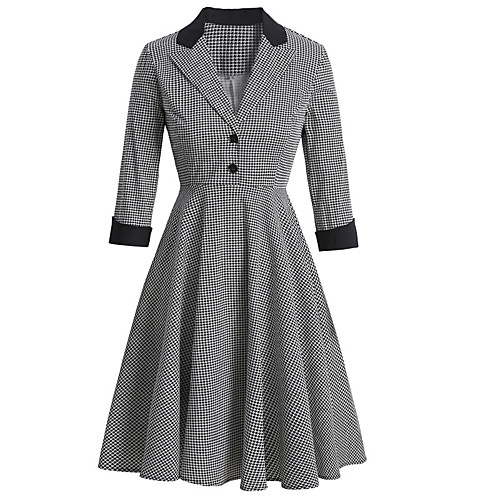 

Women's A Line Dress Knee Length Dress Black Navy Blue 3/4 Length Sleeve Houndstooth Patchwork Print Fall Summer Shirt Collar Vintage Cotton 2021 S M L XL XXL