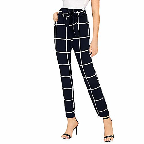 

women's casual pants, high waist plaid pencil pants casual pants bandage harem pants stretchy skinny slim long pants navy