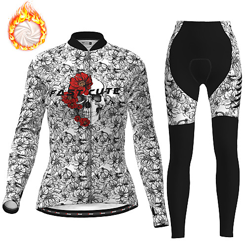 

21Grams Women's Long Sleeve Cycling Jersey with Tights Winter Fleece Polyester Black Skull Floral Botanical Christmas Bike Clothing Suit Thermal Warm Fleece Lining Breathable Warm Quick Dry Sports