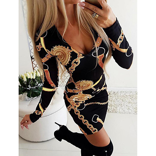 

Women's A Line Dress Short Mini Dress Black Blue Blushing Pink Wine Light Blue Long Sleeve Print Patchwork Print Fall V Neck Sexy 2021 S M L XL