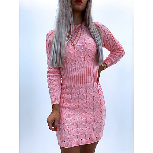 

Women's Sheath Dress Short Mini Dress Blushing Pink Gray Long Sleeve Solid Color Patchwork Jacquard Fall Winter Round Neck Casual 2021 S M L XL