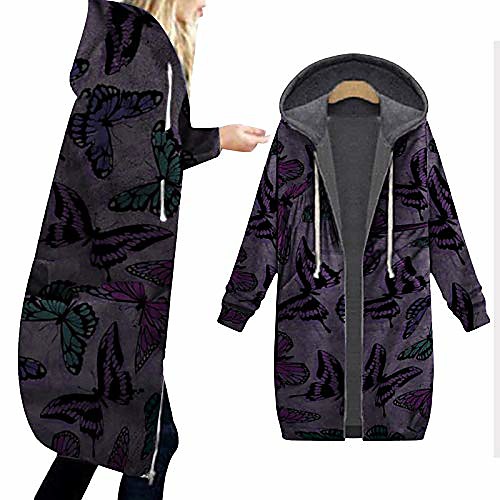 

womens winter long jacket retro floral print hoodie sweatshirt long sleeve cotton blend cardigan with zipper pocket casual sweatshirt (purple, uk:16-18)