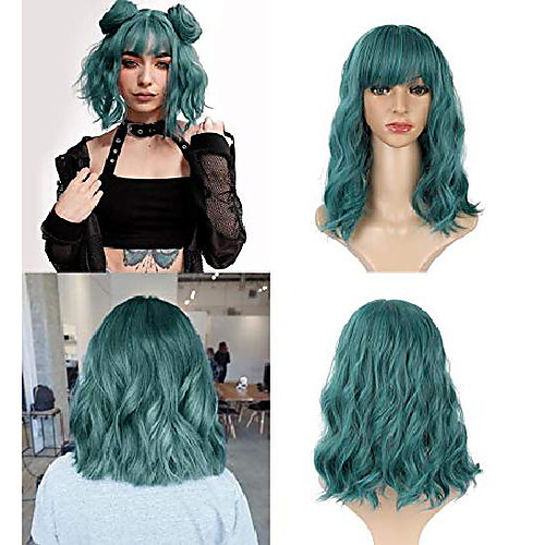 

short bob wave wig with bangs women's dark green wavy wig natural looking heat resistant synthetic cosplay wigs for girl party costume wig extensions