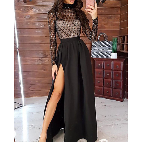

Women's Swing Dress Maxi long Dress Black Long Sleeve Solid Color Split Patchwork Fall Round Neck Sexy 2021 S M L XL