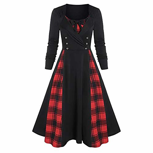 

fudule women's plaids long sleeves button down belted party mini a-line shirt dress