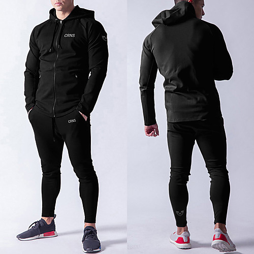 

men's solid color sports suit hooded coat outdoor fitness two-piece tracksuit d-black