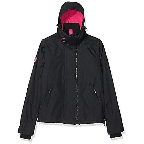 

women's uk sizing arctic hooded pop zip up fleece lined multi pocket sd-windcheater jacket, black/raspberry, 16