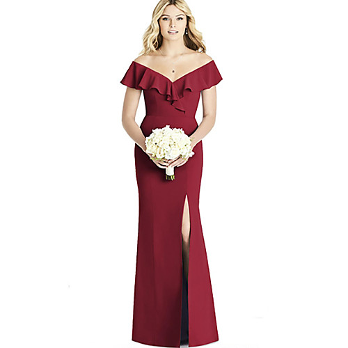 

Mermaid / Trumpet Elegant Vintage Party Wear Formal Evening Dress Off Shoulder Short Sleeve Floor Length Spandex with Ruffles 2021