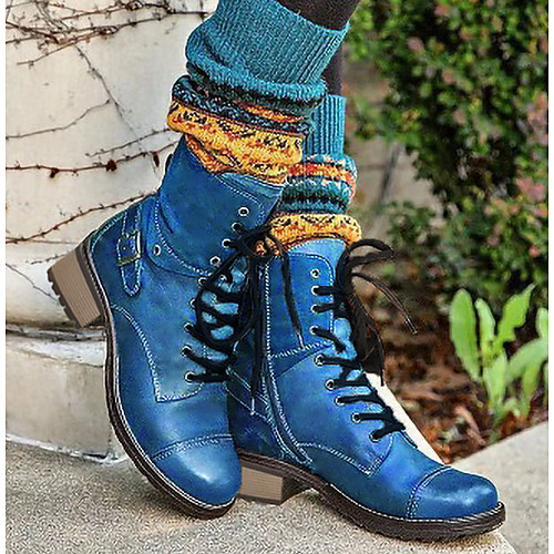 

Women's Boots Block Heel Round Toe Mid Calf Boots Basic Casual Daily Walking Shoes PU Blue / Booties / Ankle Boots