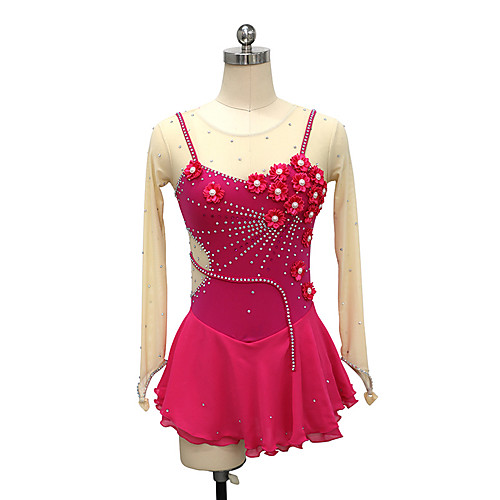 

21Grams Figure Skating Dress Women's Girls' Ice Skating Dress Fuchsia Spandex High Elasticity Training Competition Skating Wear Crystal / Rhinestone Long Sleeve Ice Skating Figure Skating / Kids