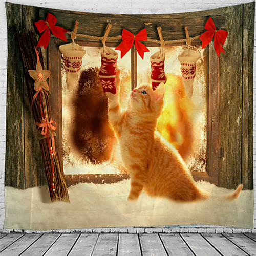 

Christmas Santa Claus Holiday Party Wall Tapestry Art Decor Blanket Curtain Picnic Tablecloth Hanging Home Bedroom Living Room Dorm Decoration Polyester Window Gift Cat Animal