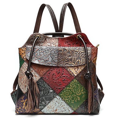 

Women's Cowhide Commuter Backpack Large Capacity Pattern / Print Zipper Geometric Daily Outdoor Backpack Rainbow