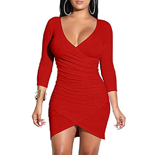 

women's sexy bodycon long sleeve v neck cross wrap mini club dress red
