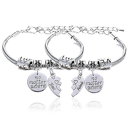

2pcs bbf best friends no matter where compass split broken heart double bracelets set friendship gift (charm bracelet)