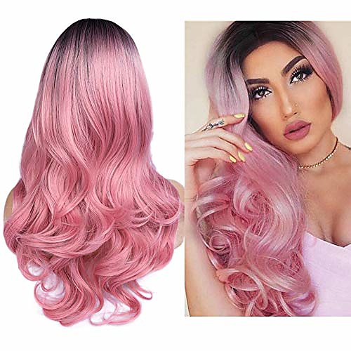 

ombre pink wigs none lace long natural wavy dark roots pink wig for women 2 tone black to pink wavy wigs for women synthetic heat resistant party wigs natural looking cosplay wig