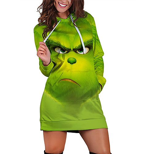 

Women's Shift Dress Short Mini Dress Light Green Long Sleeve Animal Print Fall Winter Hooded Casual Christmas 2021 XS S M L XL XXL
