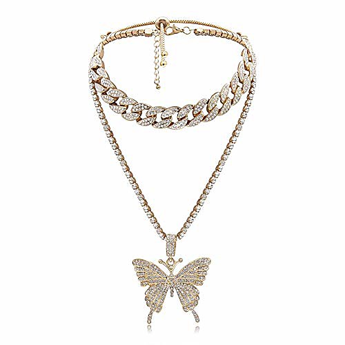

big shining butterfly pendant necklace hip hop rhinestone tennis chain necklace bling animal butterfly crystal collar butterfly pendant for women girl rock jewelry(gold)
