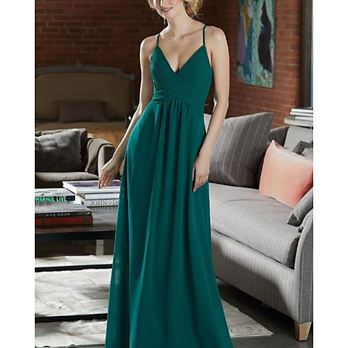 

A-Line V Neck Floor Length Chiffon Bridesmaid Dress with Pleats