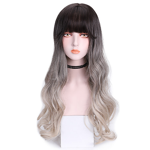 

Synthetic Wig Body Wave With Bangs Wig Long Grey Synthetic Hair 24 inch Women's Cool Color Gradient Gray