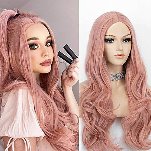 

rose pink synthetic wig long wavy pink wig with middle parting glueless pastel pink wigs for cosplay party 22 inches