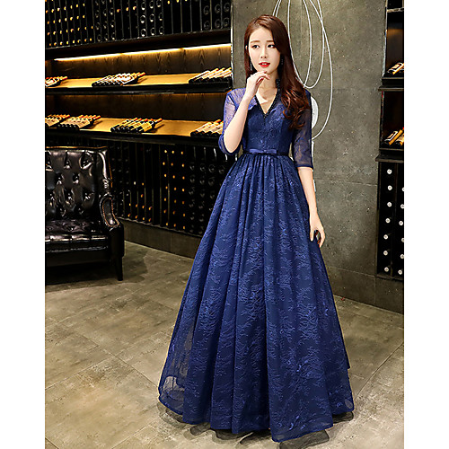 

A-Line Beautiful Back Sexy Prom Formal Evening Dress V Neck Half Sleeve Floor Length Lace with Beading 2021