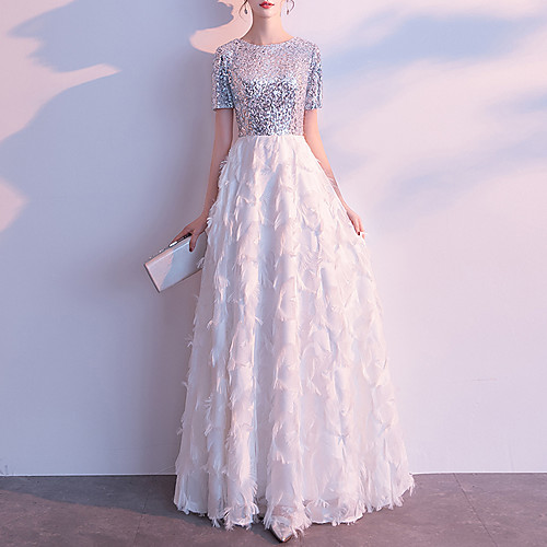 

A-Line Glittering Vintage Engagement Formal Evening Dress Jewel Neck Short Sleeve Floor Length Spandex with Sequin 2021