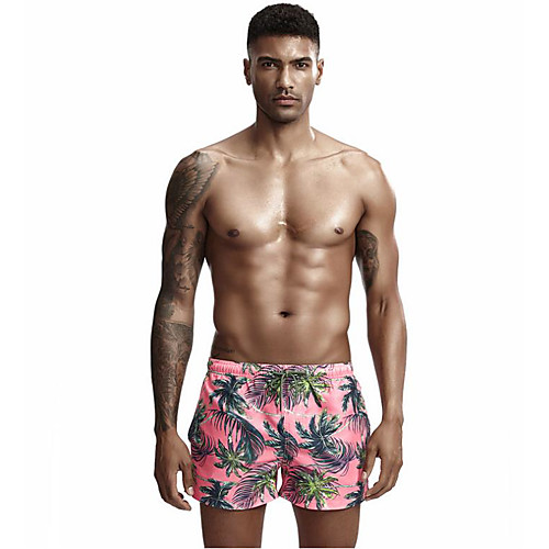 

Men's Bikini Bottom Swimsuit Drawstring Slim Tropical Leaf Blushing Pink Swimwear Bathing Suits Vacation