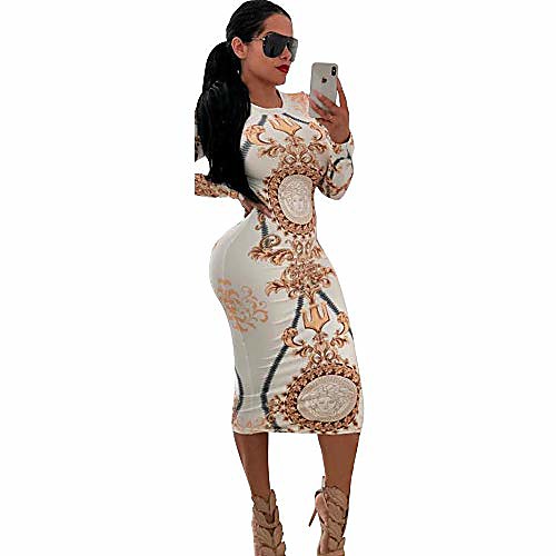 

women bodycon sexy night club midi dress casual long sleeve cocktail party dresses (x-large, white gold)
